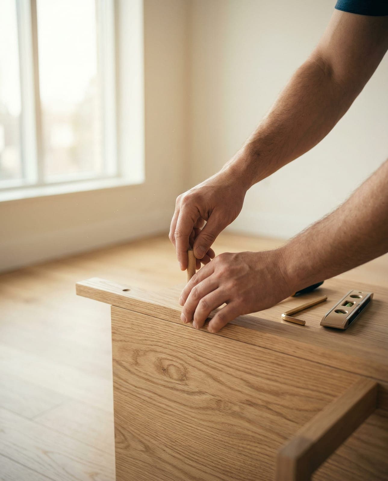 Hands fitting a dowel into a wooden panel