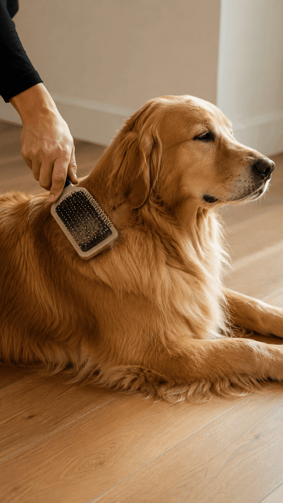 A golden retriever being brushed