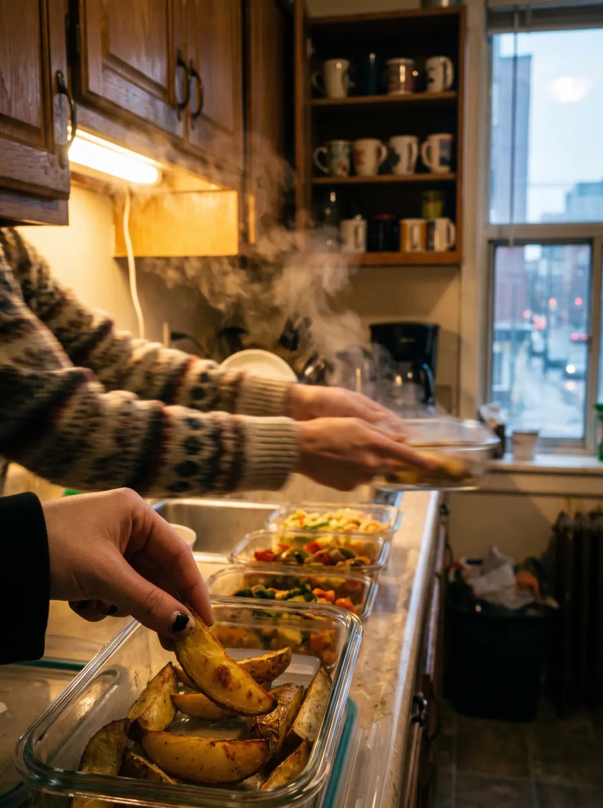 A cook slides the fifth container of dinner onto the counter while a roommate sneaks a piece from the first