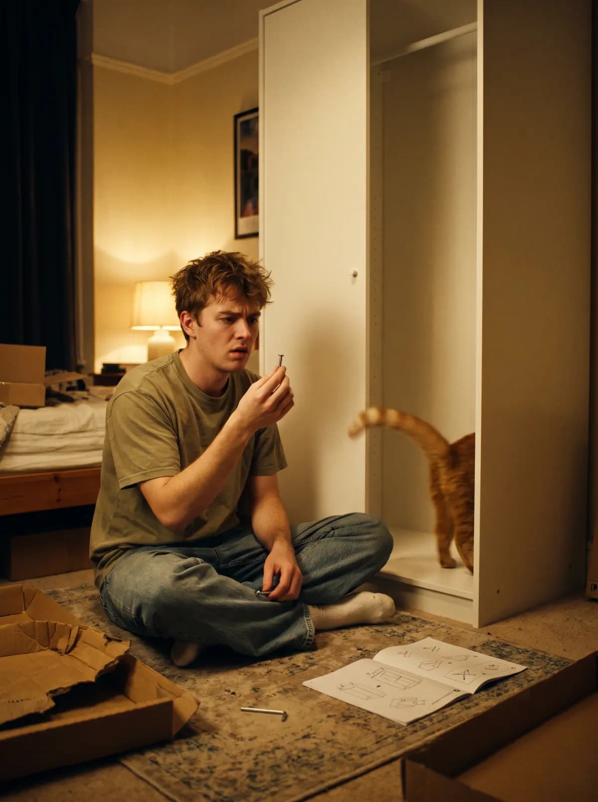 A young man beside a freshly built wardrobe stares at one leftover screw while his cat has already moved in