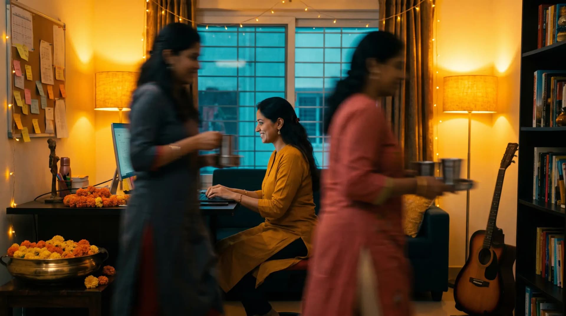 A small team in a Bengaluru apartment at dusk under warm lamps, one colleague on a video call, two blurred as they bring chai