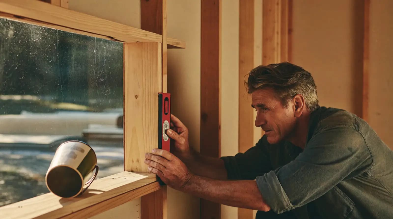 A spirit level held against new stud framing during a home renovation.