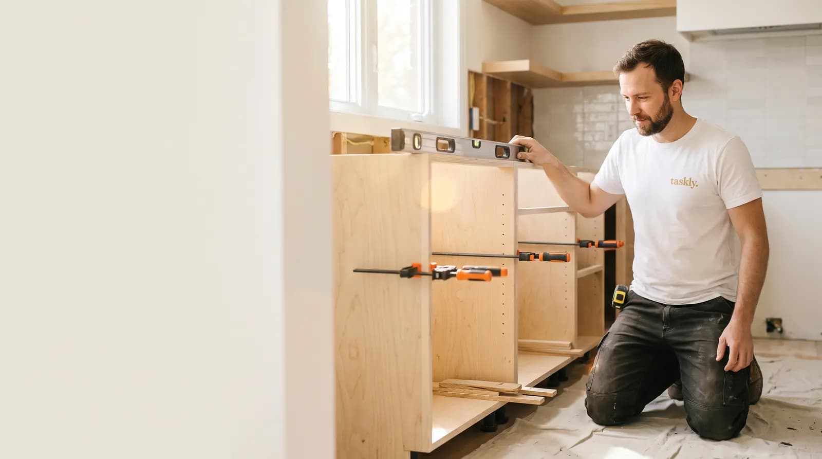 A carpenter levelling a run of new base cabinets in a Toronto kitchen, before the countertops are templated.