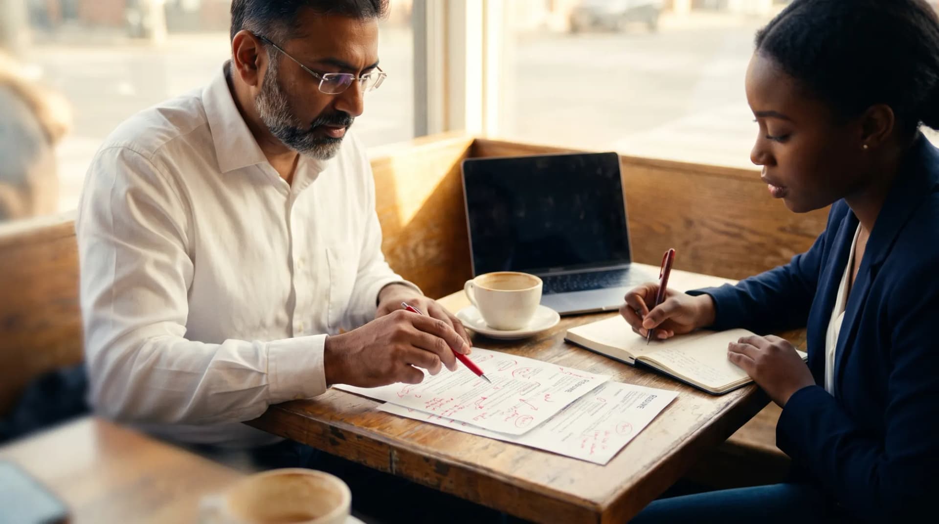 A career coach taps a red-pen correction on a printed resume while the job-seeker across the café table writes down his advice