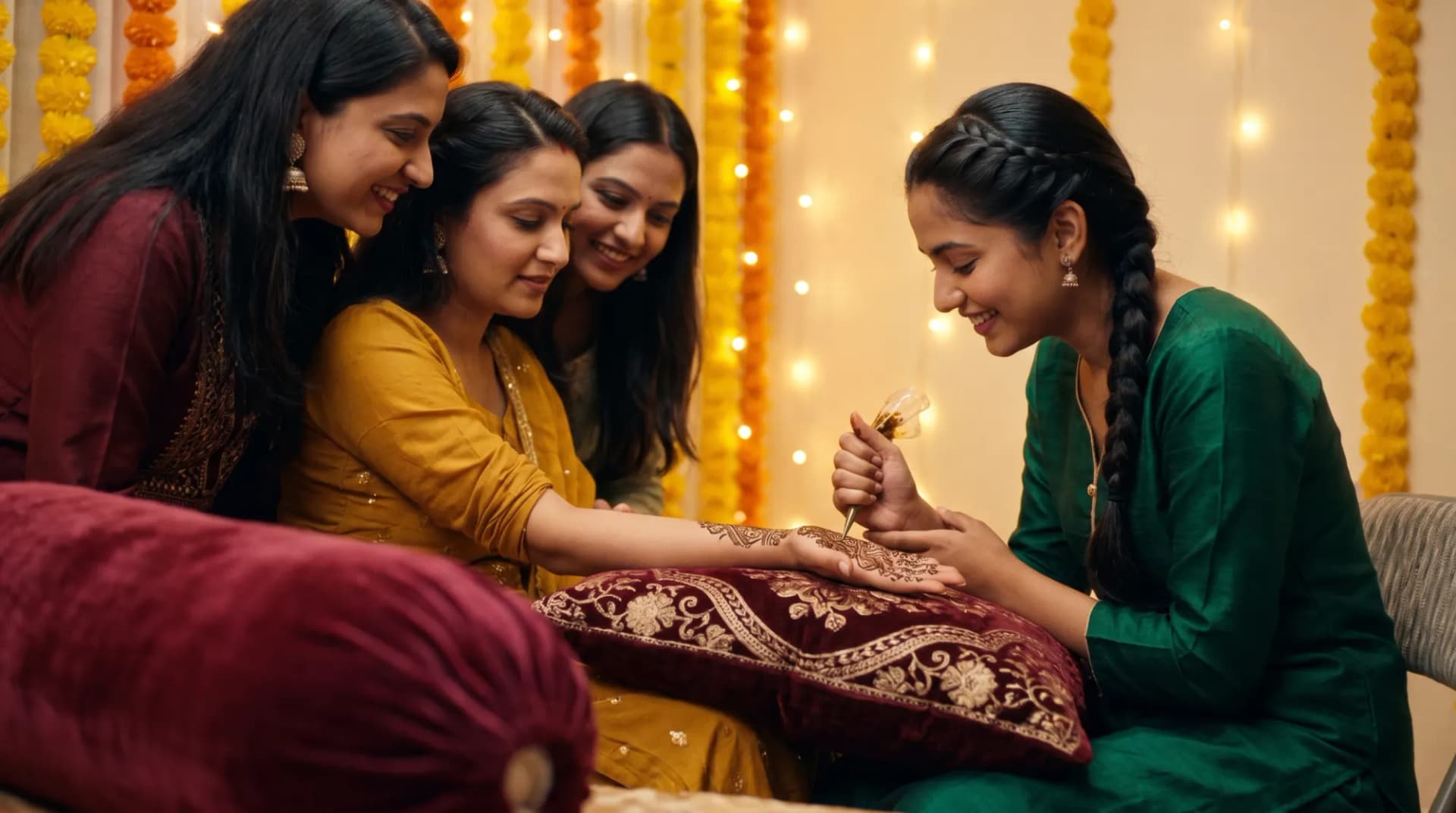 A mehndi artist pipes henna onto a bride’s palm at a sangeet while cousins lean in to admire it