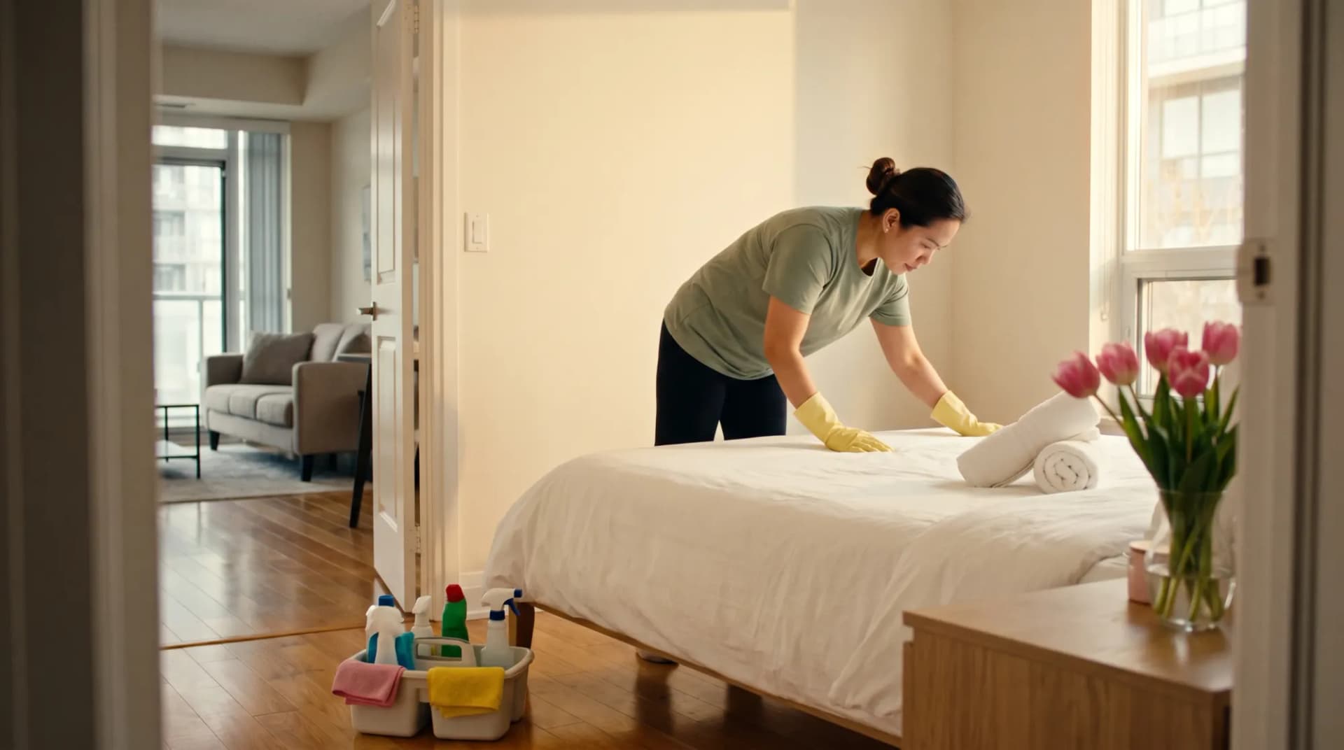 In rubber gloves, a cleaner smooths crisp sheets on a freshly made guest bed in a spotless condo, towels and tulips waiting