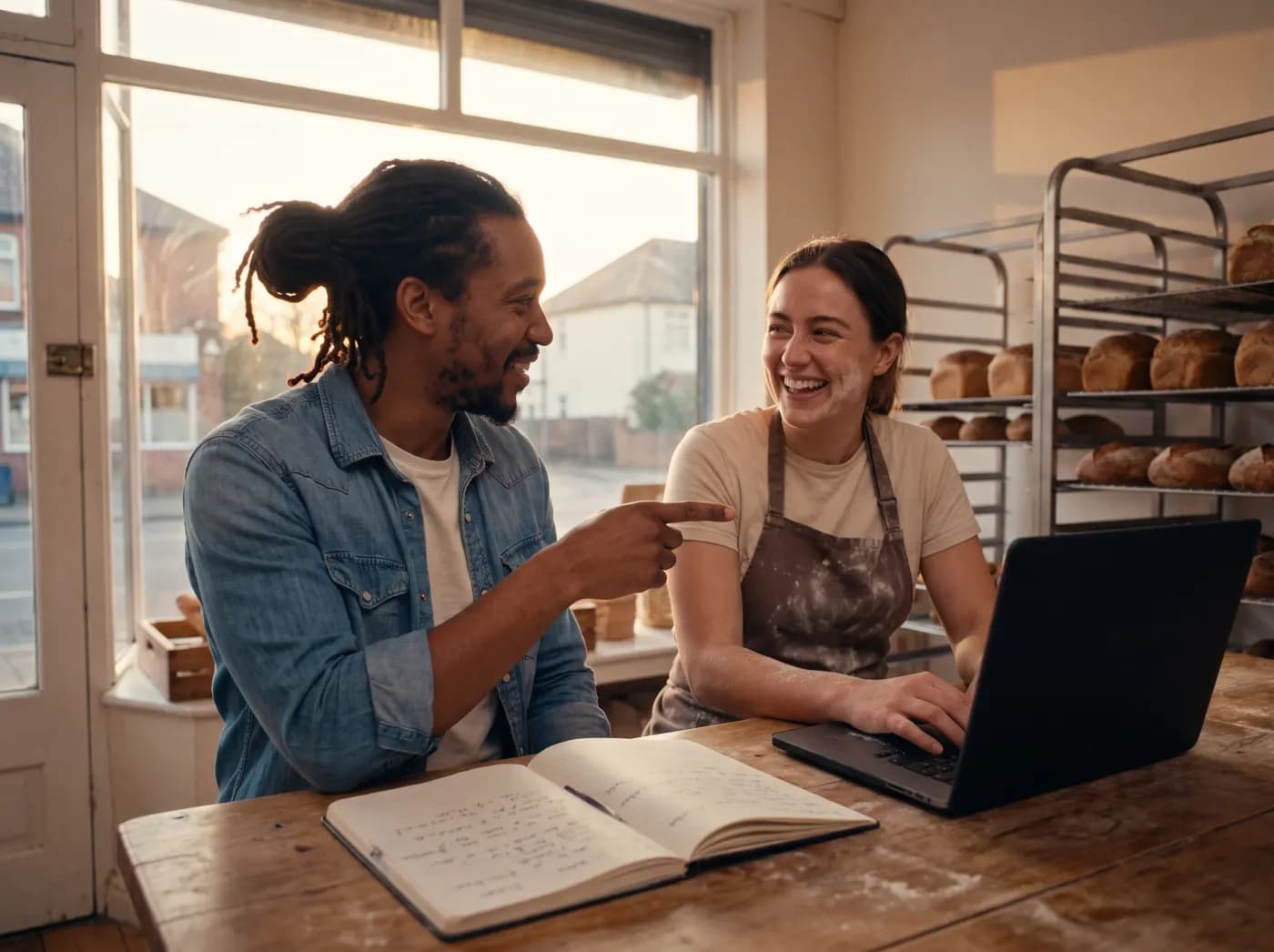 In her bakery after closing, the owner types on a laptop and grins as it works while her AI tutor points at the screen