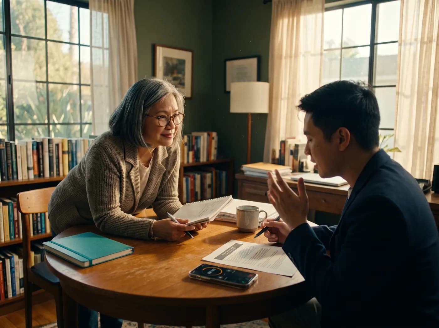 An interview coach reads the next question from her sheet while a young man in a blazer answers, a phone stopwatch running between them