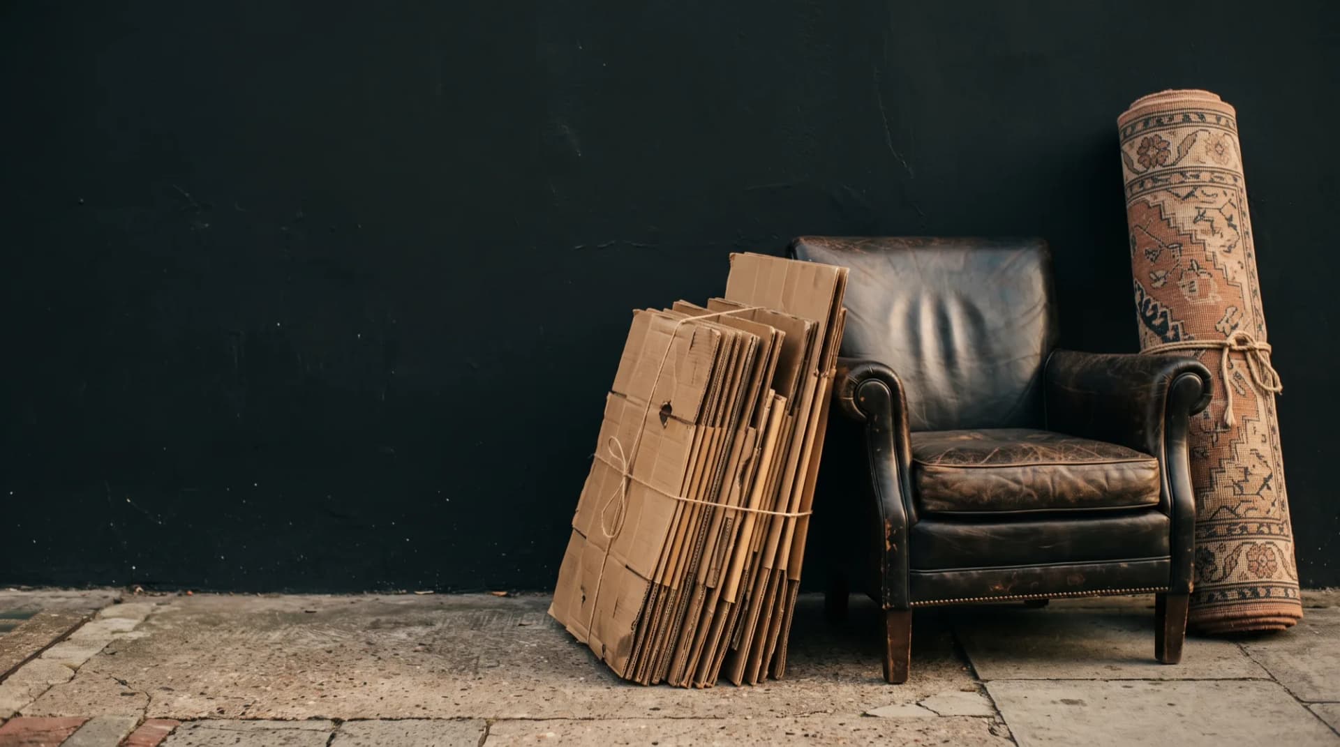 A tied stack of flattened cardboard boxes leaning against a worn leather armchair with a rolled rug, waiting at the curb.