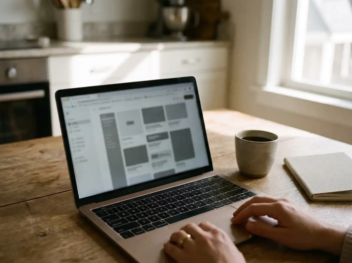 A laptop on a kitchen table showing a page layout