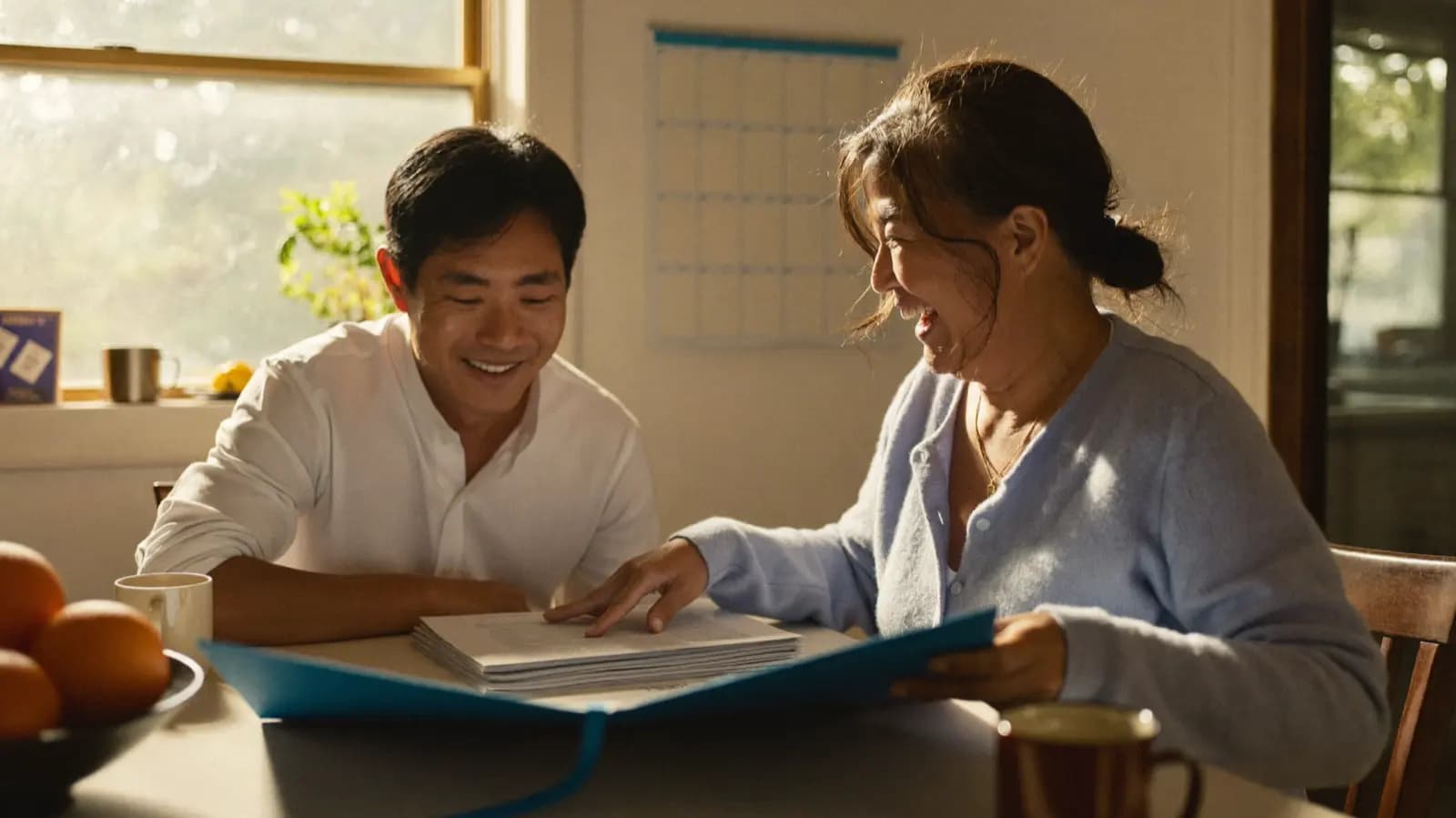 Two people going through paperwork together at a kitchen table, one visibly relieved.