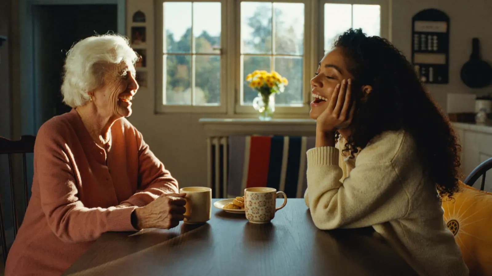 An older woman and her companion laughing over tea at a kitchen table.