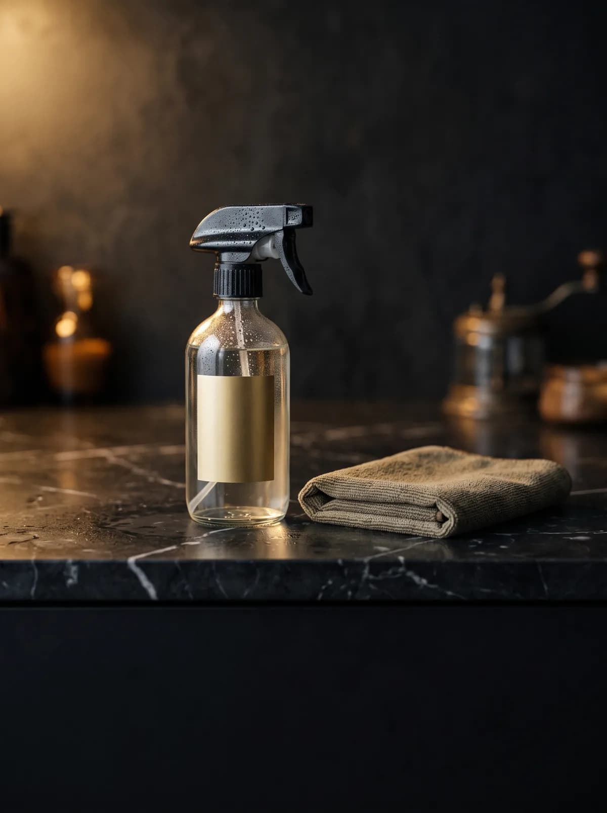 A spray bottle and a folded cloth on a dark stone counter