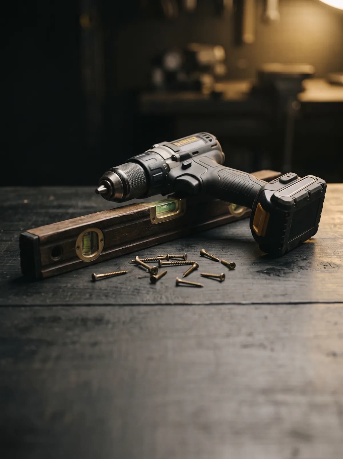 A drill, a spirit level and brass screws on a workbench