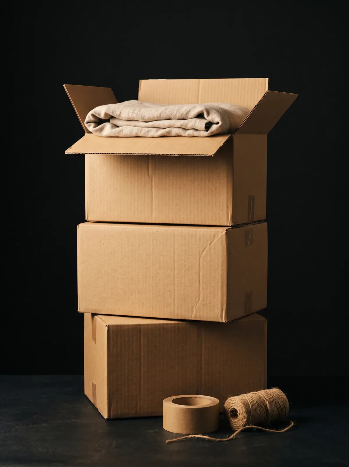 Stacked kraft moving boxes tied with twine