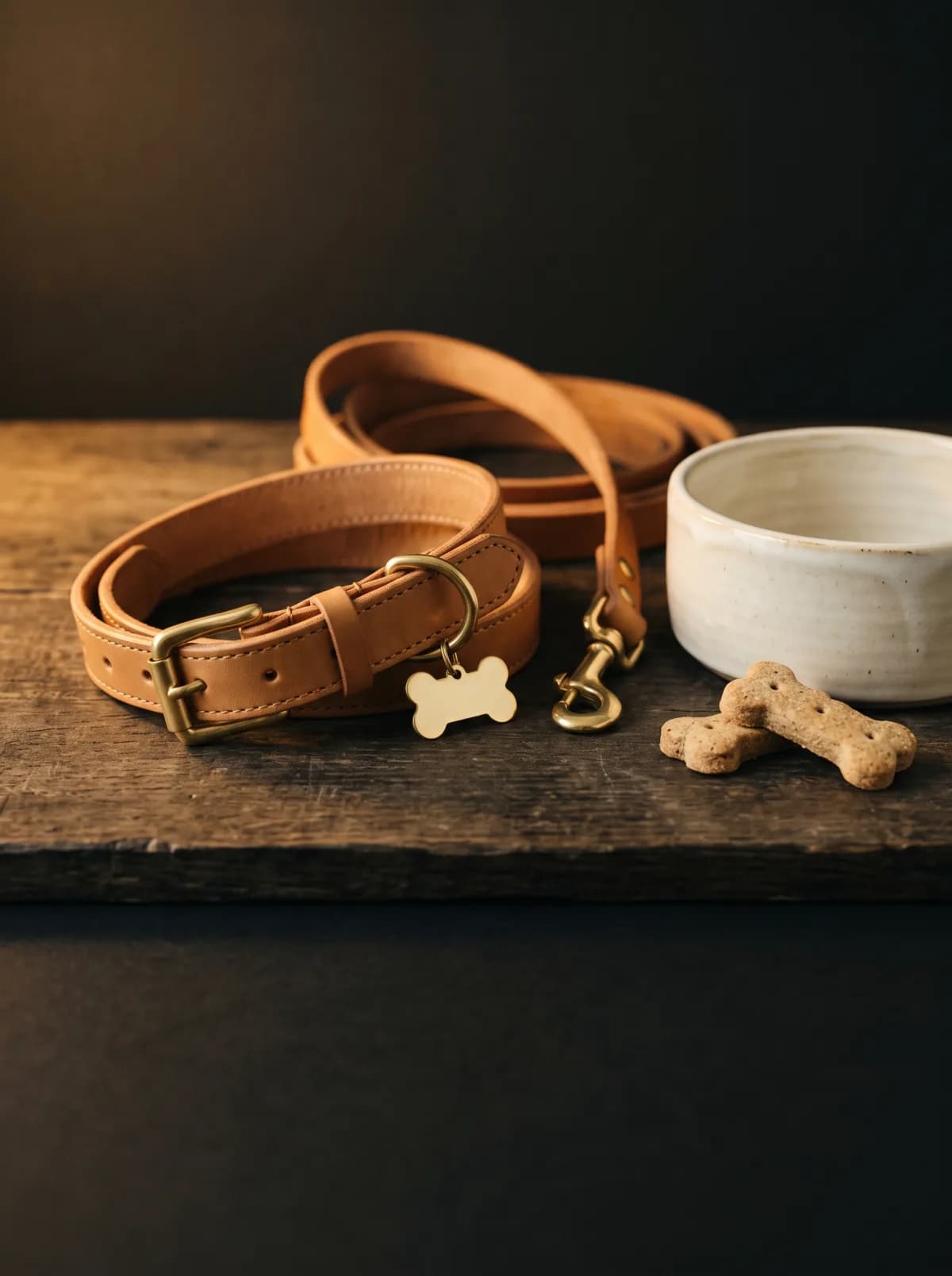 A leather collar, a leash and a ceramic bowl
