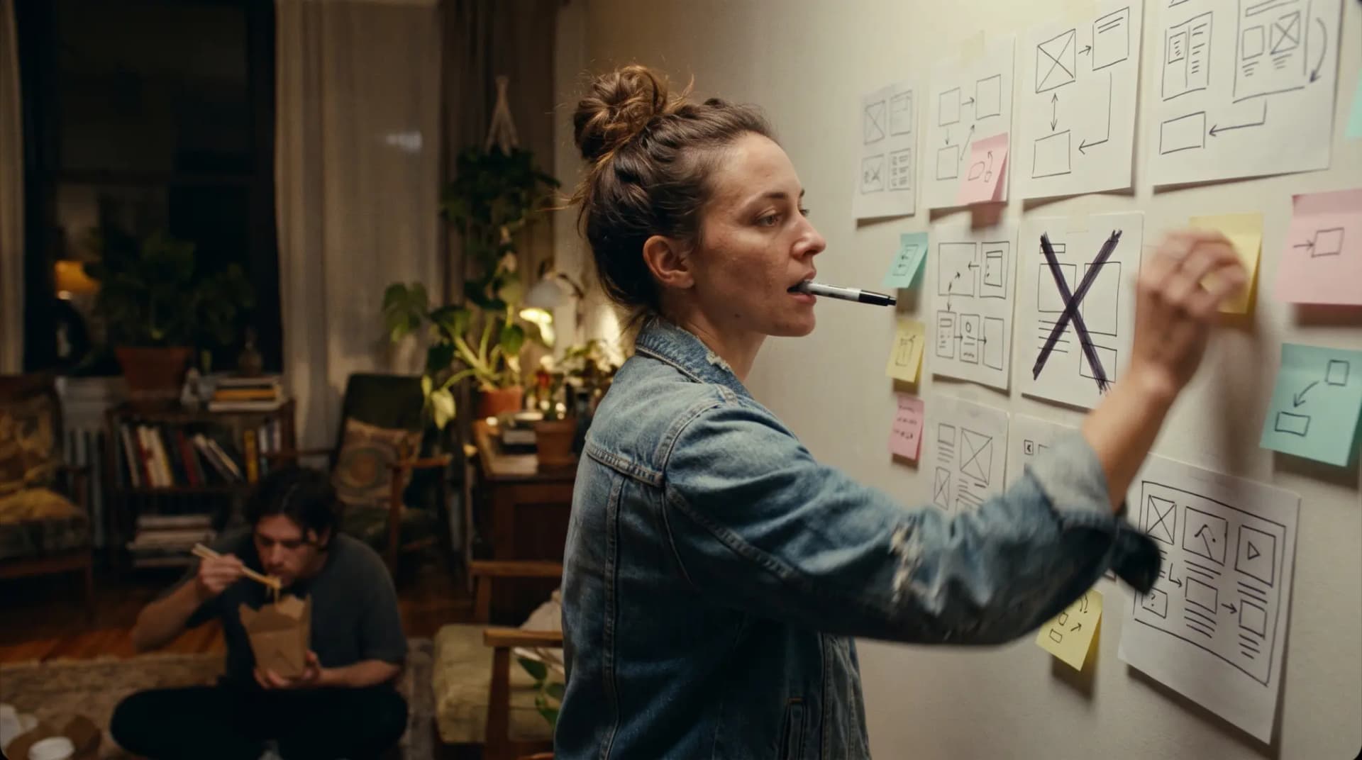 A designer with a marker cap in her teeth slaps a sticky note onto a wall of paper screen sketches while a friend eats noodles on the floor