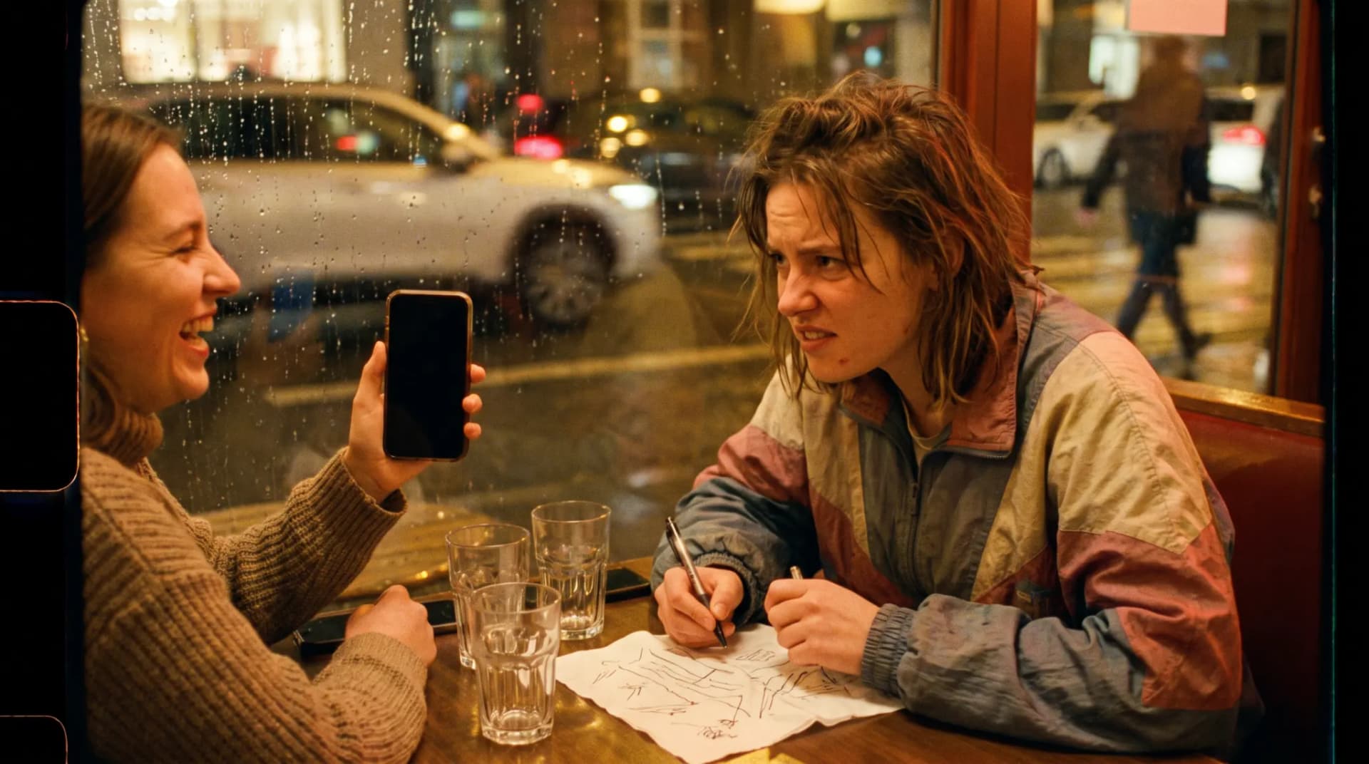 At a late-night café window, one marketer draws a rising line on a napkin with total conviction while her friend laughs