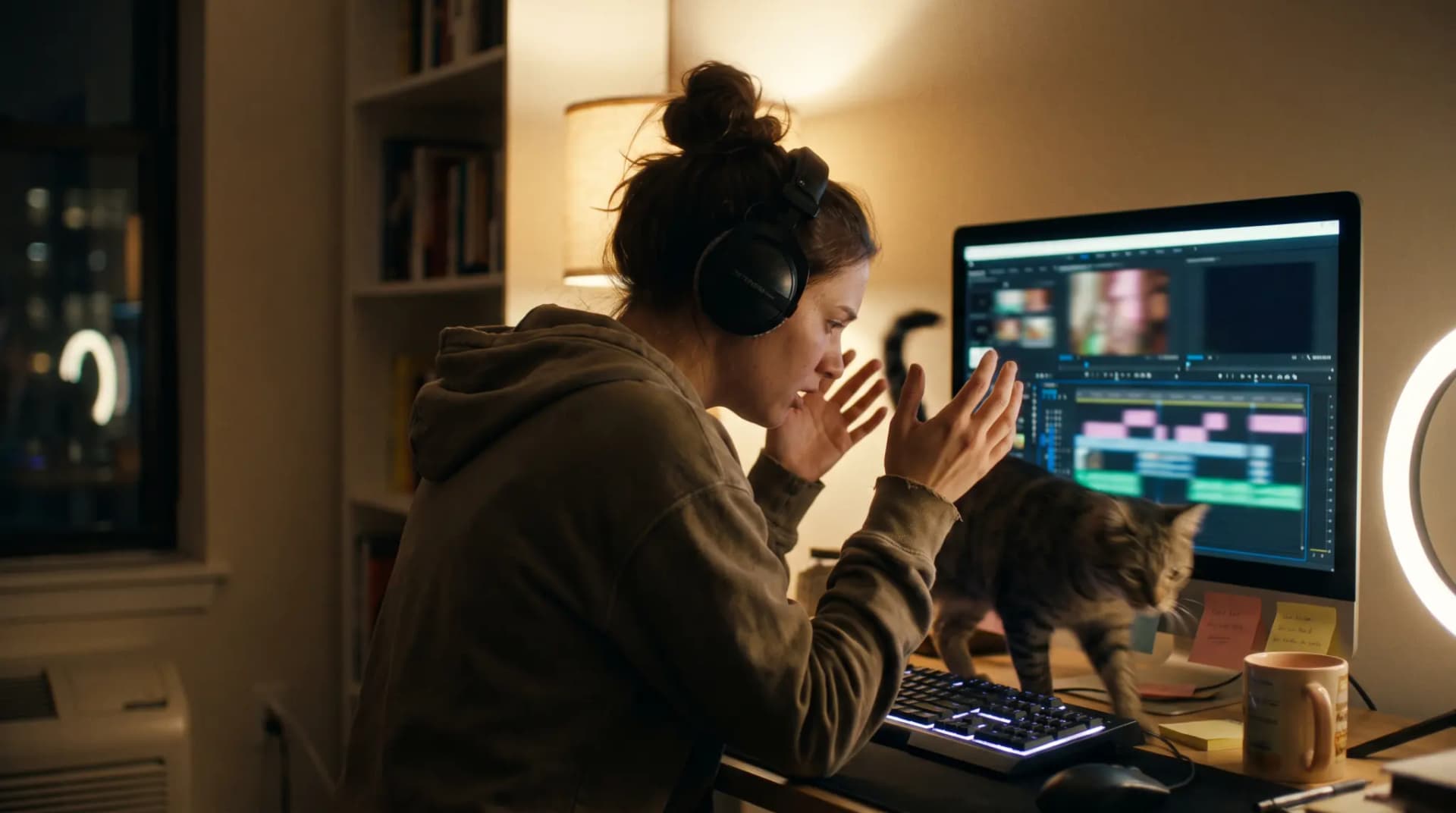 A video editor in headphones scrubs a colourful timeline late at night while her cat walks across the keyboard