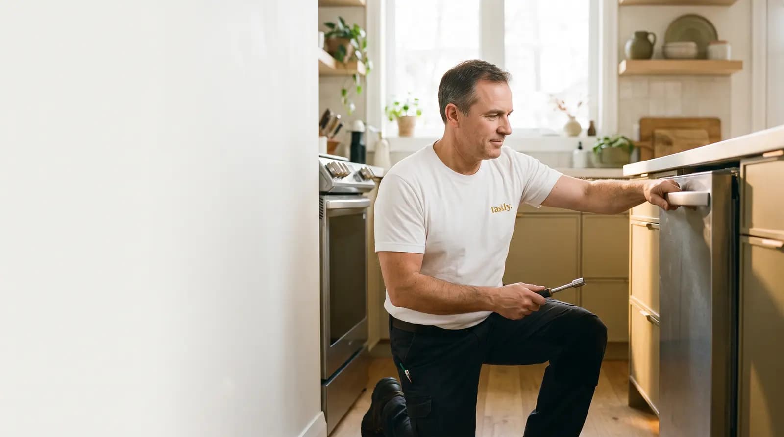 A dishwasher eased out from under a counter to reach the water connection behind it, in a Toronto kitchen.