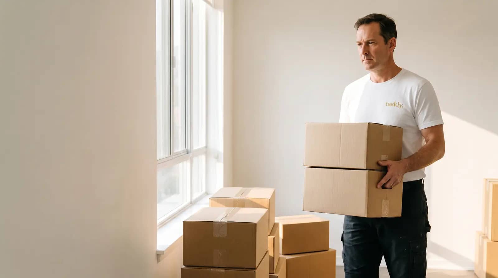 Packed moving boxes waiting in the front room of an empty GTA apartment.