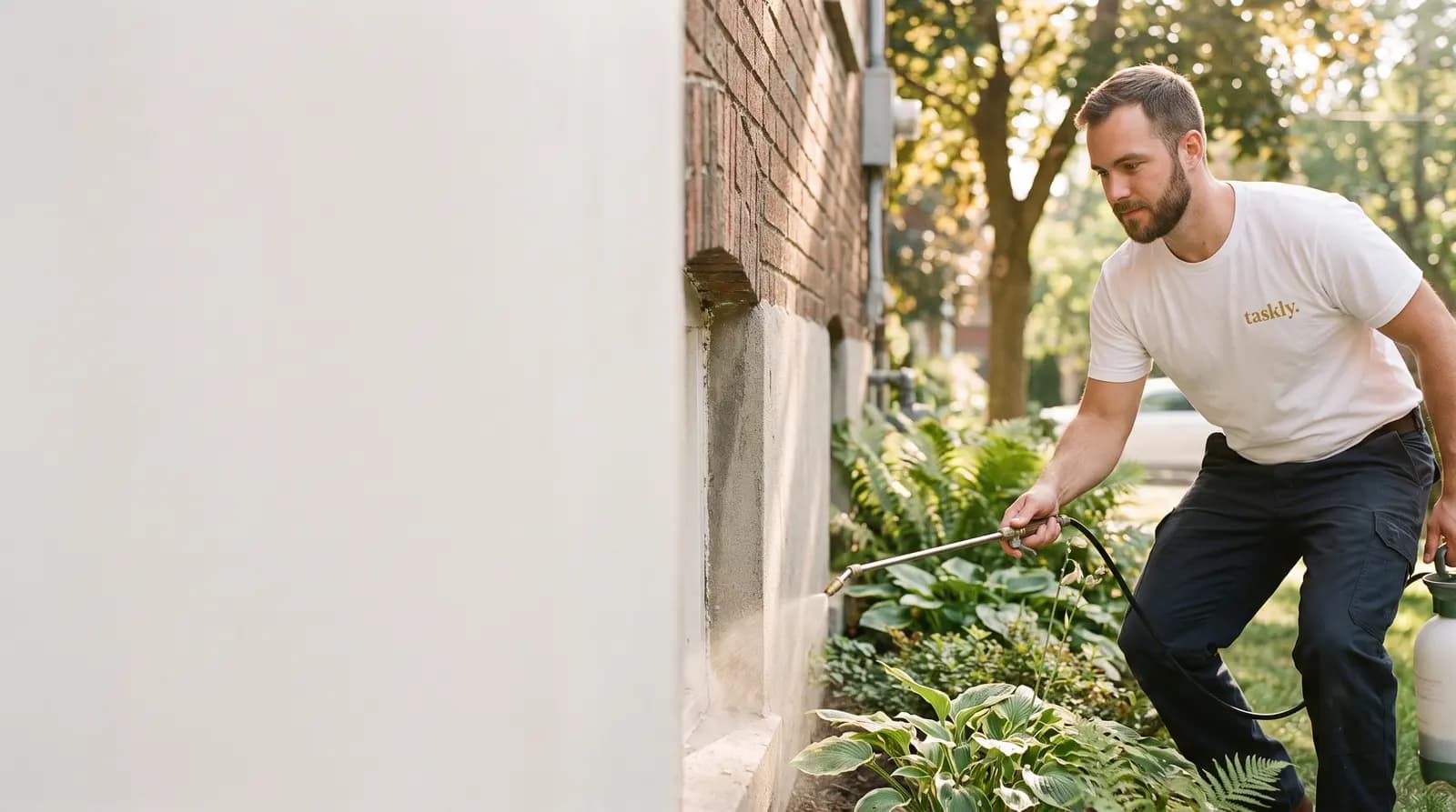 A perimeter treatment being applied along the base of an exterior foundation wall at a Toronto house.