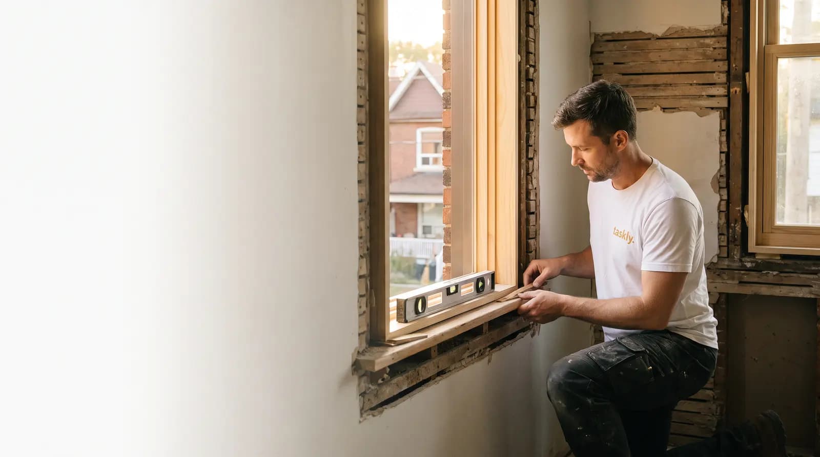 A new window unit being shimmed and levelled into a stripped opening in a Toronto house.
