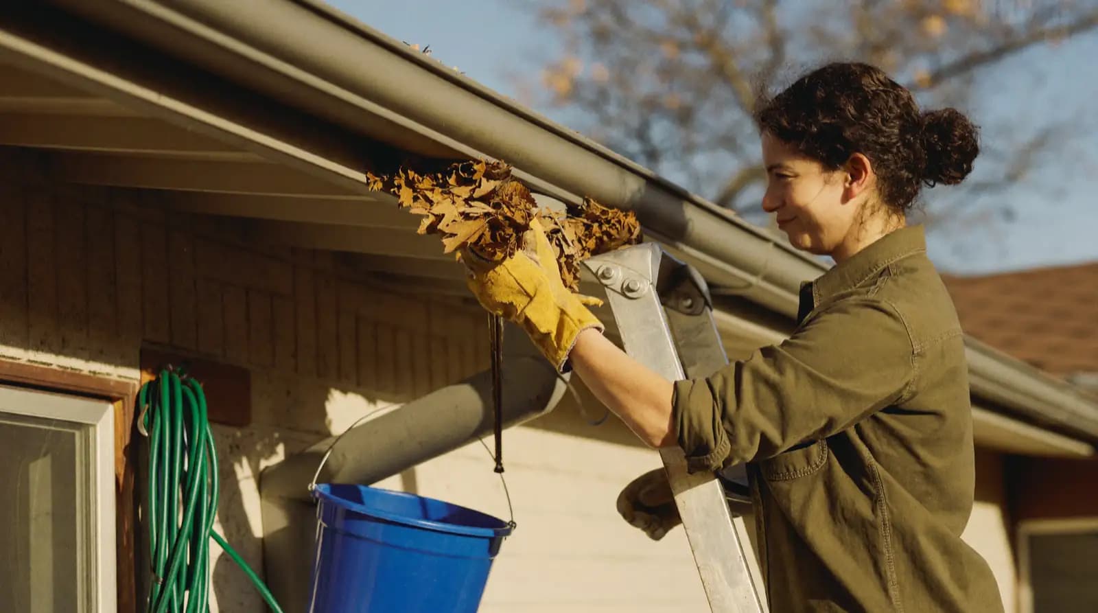 A matted layer of wet autumn leaves lifted out of an eavestrough above the downspout.