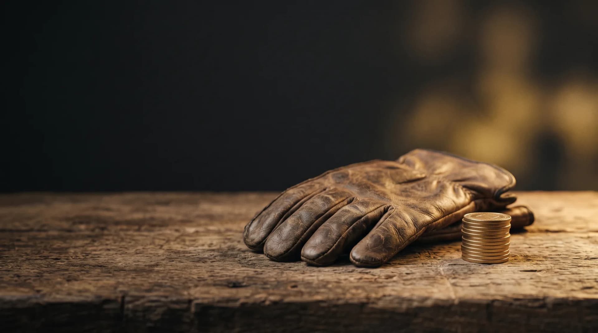A well-worn leather work glove beside a small stack of coins on a rough wooden workbench.