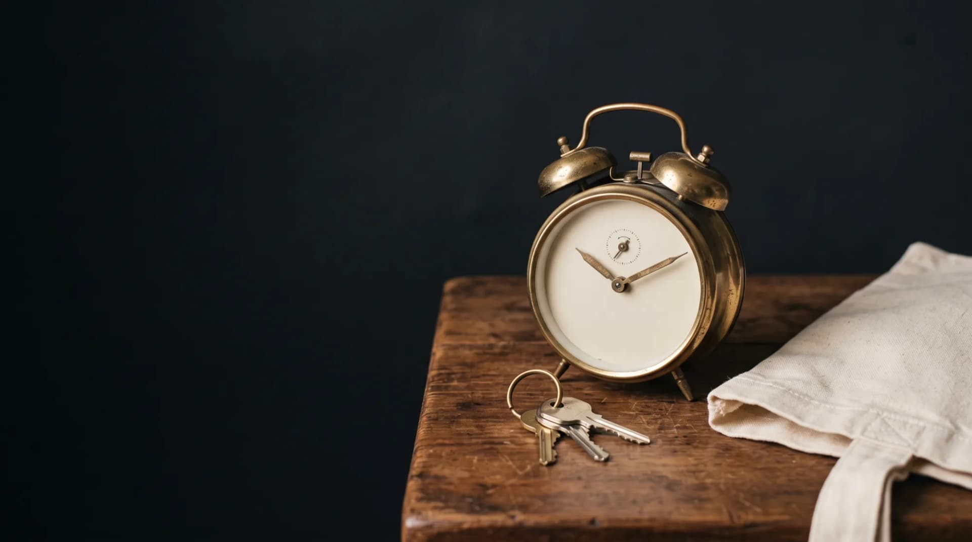 A brass alarm clock with a blank face beside a ring of house keys and a folded canvas tote on a wooden desk.