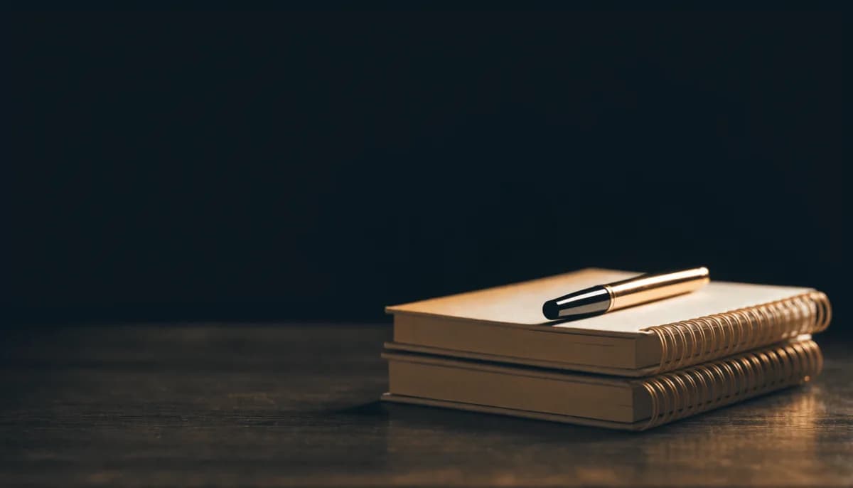 A closed spiral notebook with a pen resting across it beside a phone lying face down on a dark desk.