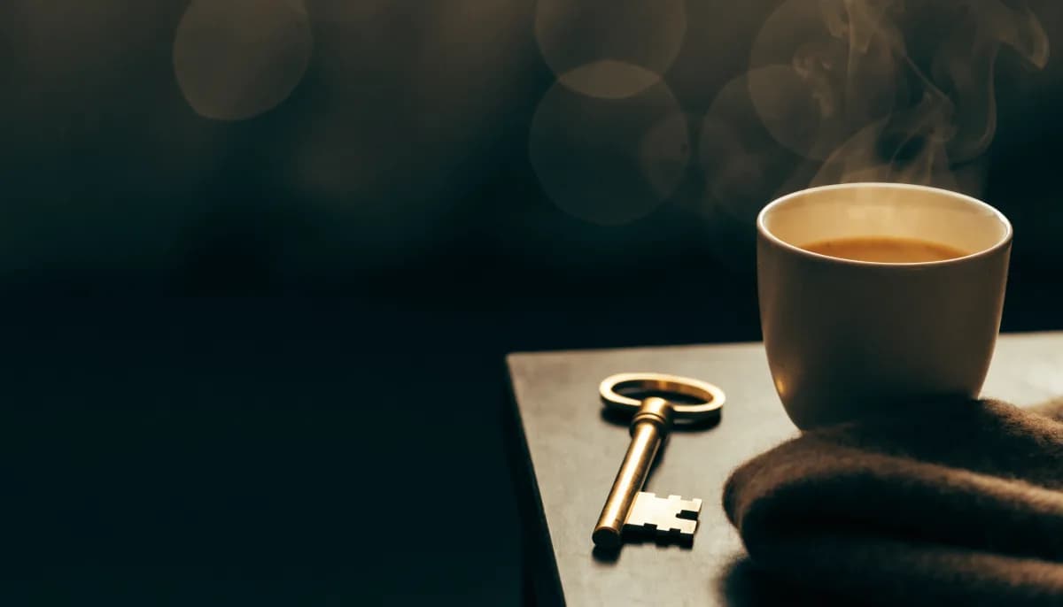 A brass door key resting on a folded wool scarf beside a cooling cup of masala chai on a dark table.